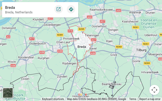 Kaart van het werkgebied van Klusbedrijf H&H rond Breda in Noord-Brabant
